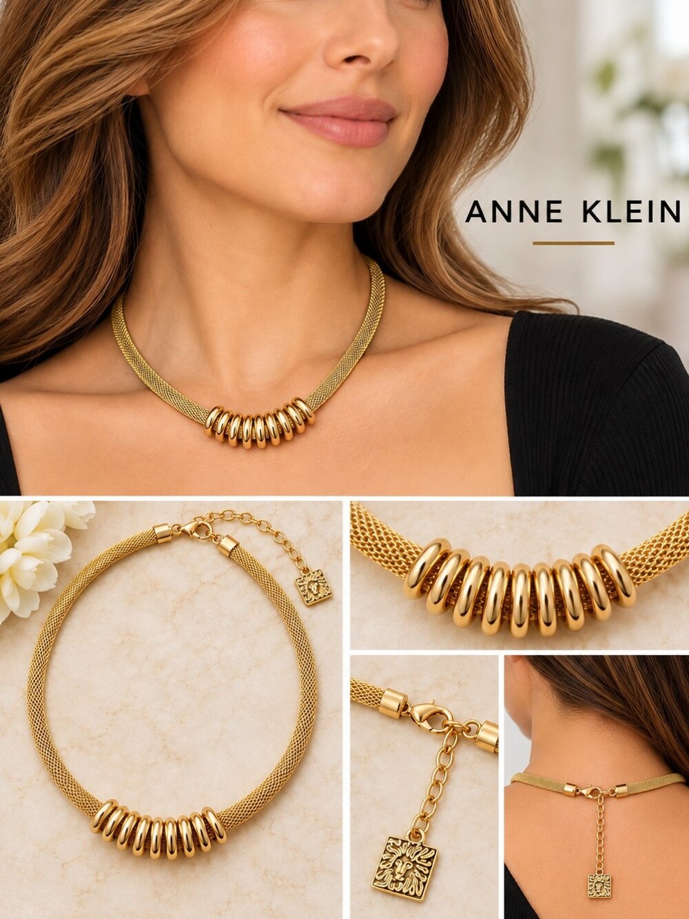 Anne Klein Gold-Tone Mesh Choker Necklace with Sliding Rings